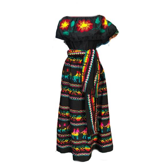 Mexican 3 piece set Blouse Cambaya skirt elastic waist and belt or mini rebozo - Picture 3 of 5